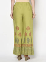 Thumbnail for Aniyah Rayon Parrot Green Color Block Print Flared Slip-On Palazzo (AN-196K)