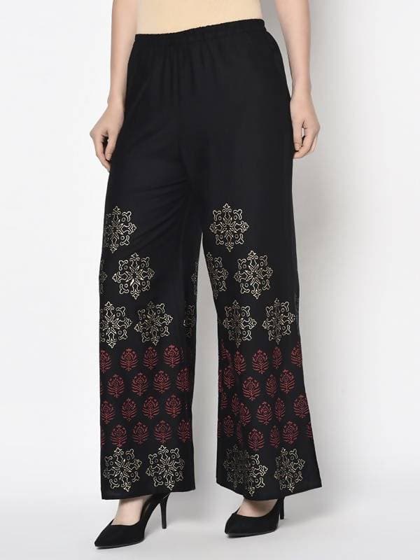 Aniyah Rayon Black Color Block Print Flared Slip-On Palazzo (AN-188K)