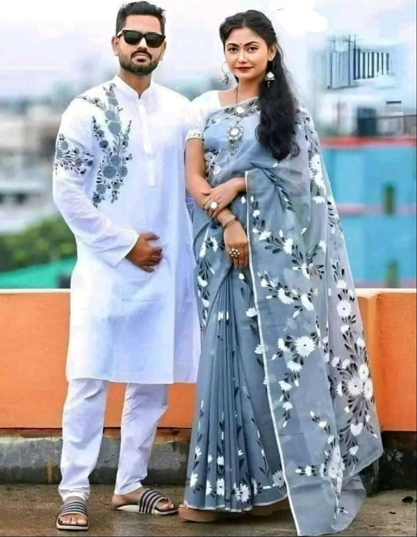 Exclusive Collection Elegant Hand Printing Designe On Pure Cotton Saree And Men's Kurta - Ash - Distacart