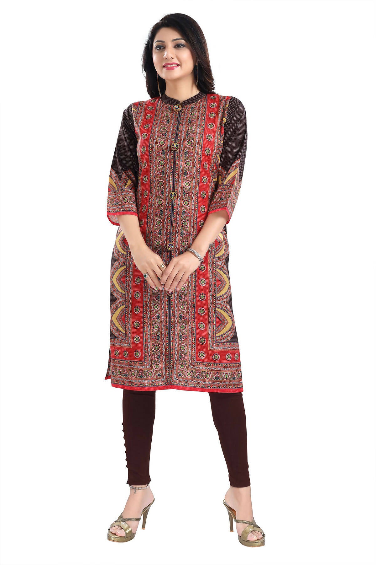 Snehal Creations Bombastic Brown Designer Digital Print Cotton Slub Fabric Long Kurti Tunic - Distacart