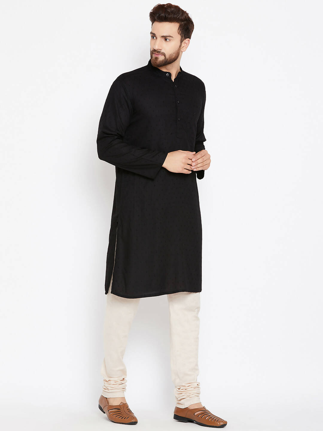 Even Apparels Black Pure Cotton Band Collar Men's Kurta - Distacart