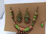 Thumbnail for Terracotta Light Green and Gold Tribal Theme Necklace Set with Ear Hangings