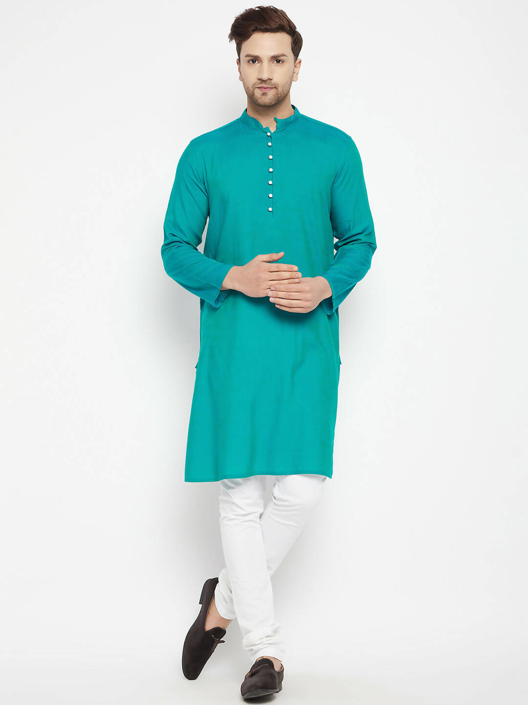 Even Apparels Blue Pure Cotton Long Men's Kurta With Band Collar - Distacart