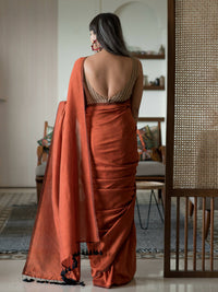 Thumbnail for Suta Rust Solid Cotton Blend Saree - Distacart