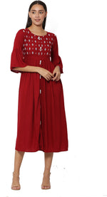 Thumbnail for PAVONINE Wine Color Embroidery Work With Button Dress For Women - Distacart