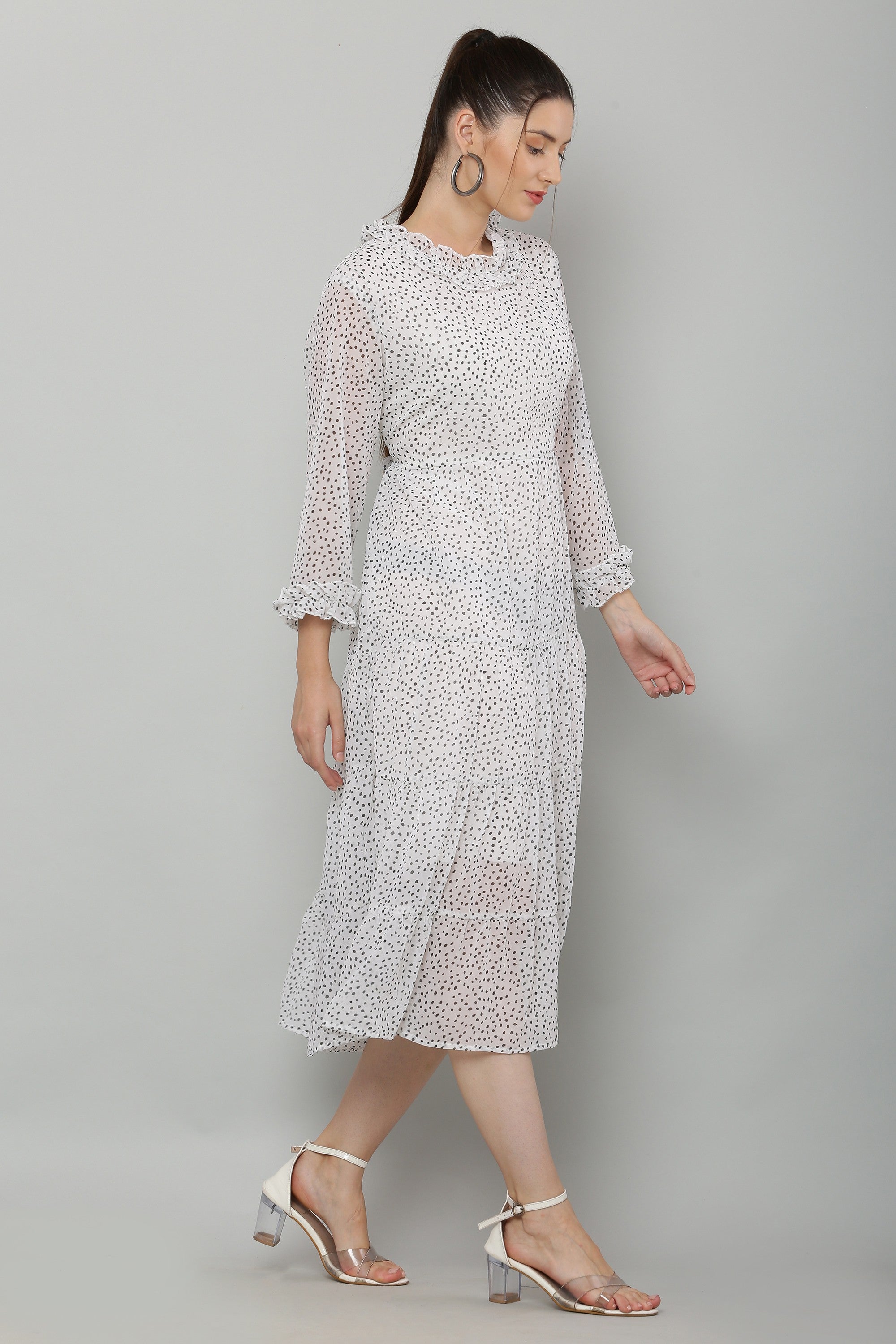 PAVONINE Micro Dots Frill-Neck Georgette Fabric White Dress For Women - Distacart