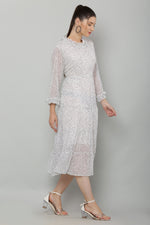 Thumbnail for PAVONINE Micro Dots Frill-Neck Georgette Fabric White Dress For Women - Distacart