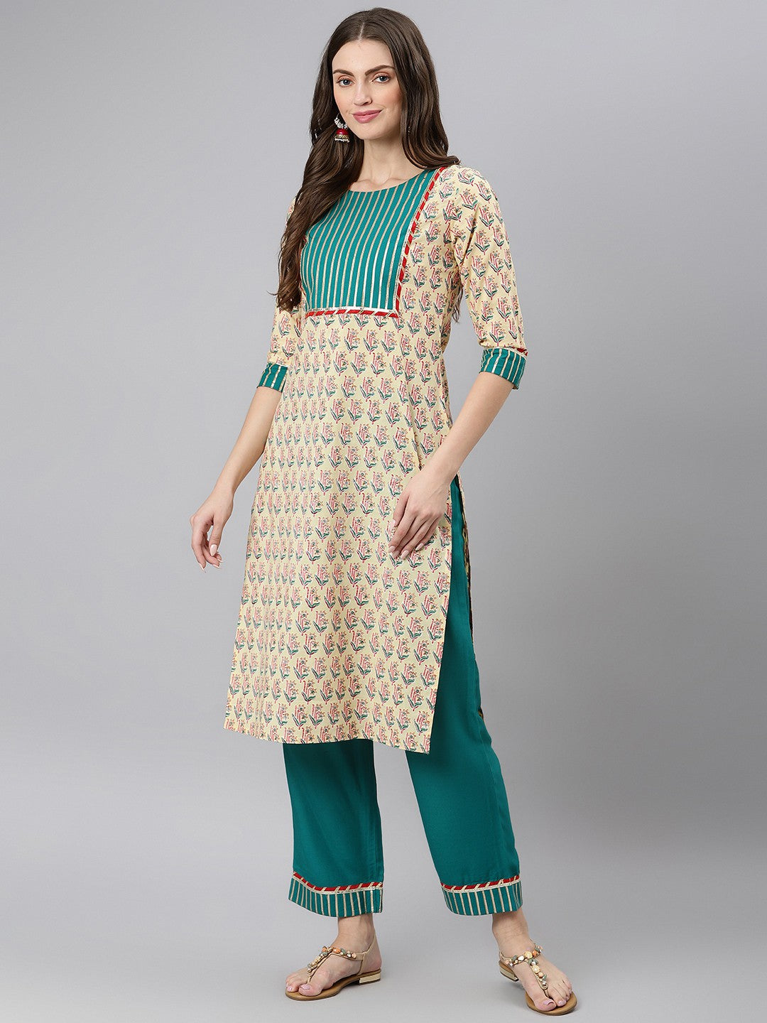 Khushal K Beige Color Cotton Printed Kurta And Palazzo With Printed Dupatta Set