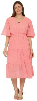 Thumbnail for PAVONINE Micro Dots V-Neck Georgette Fabric Peach Dress For Women - Distacart