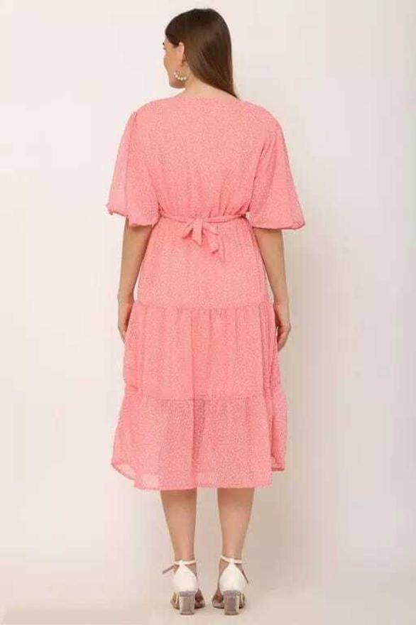 PAVONINE Micro Dots V-Neck Georgette Fabric Peach Dress For Women - Distacart