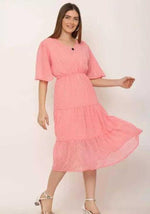 Thumbnail for PAVONINE Micro Dots V-Neck Georgette Fabric Peach Dress For Women - Distacart