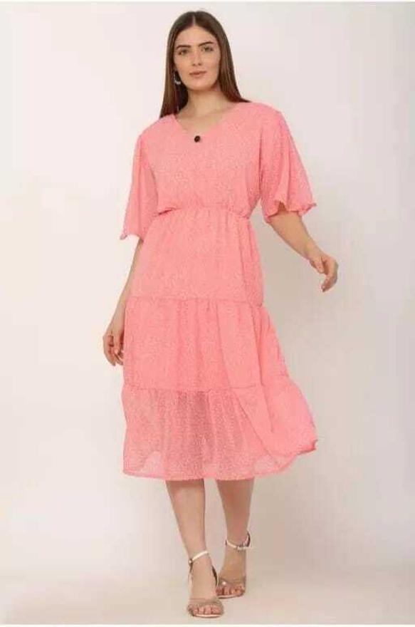 PAVONINE Micro Dots V-Neck Georgette Fabric Peach Dress For Women - Distacart