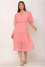 Thumbnail for PAVONINE Micro Dots V-Neck Georgette Fabric Peach Dress For Women - Distacart