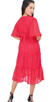 Thumbnail for PAVONINE Micro Dots V-Neck Georgette Fabric Red Dress For Women - Distacart