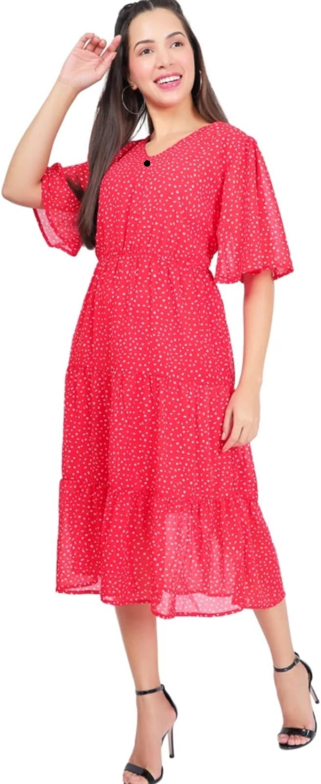 PAVONINE Micro Dots V-Neck Georgette Fabric Red Dress For Women - Distacart