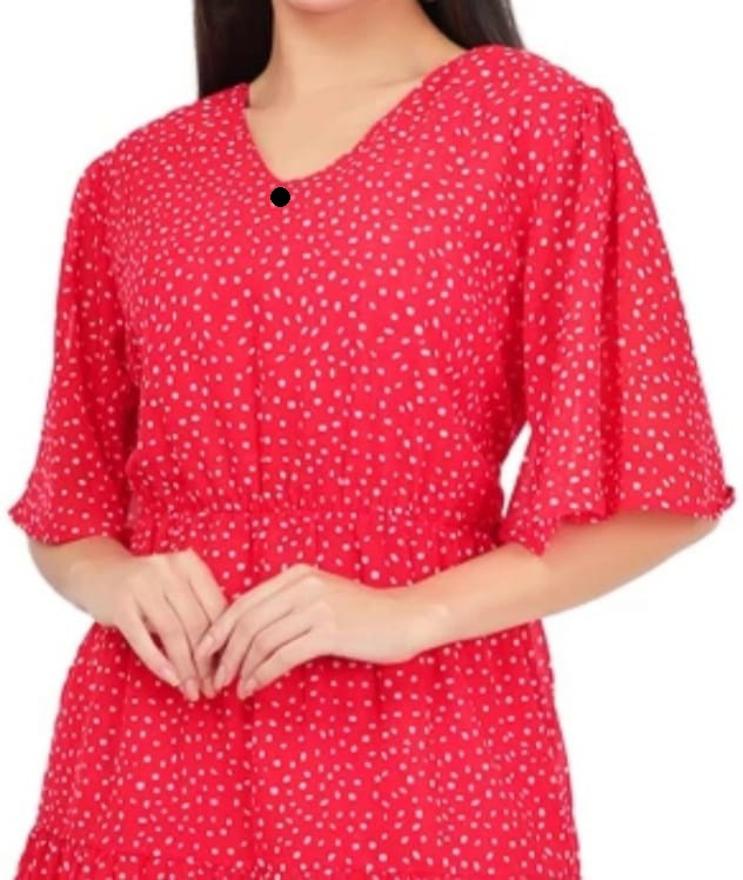 PAVONINE Micro Dots V-Neck Georgette Fabric Red Dress For Women - Distacart