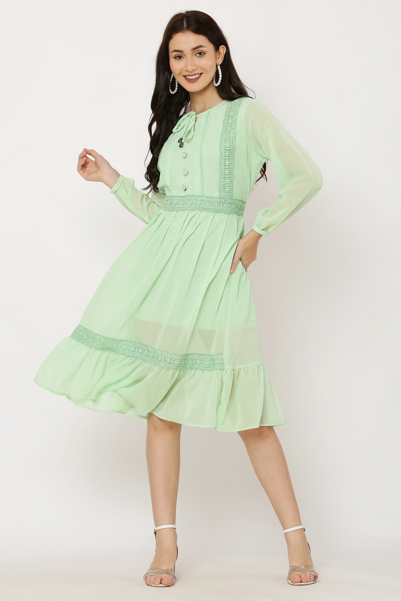 PAVONINE Pista Color Georgette Fabric Lace Inserts Dress For Girls - Distacart