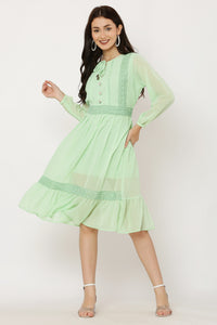 Thumbnail for PAVONINE Pista Color Georgette Fabric Lace Inserts Dress For Girls - Distacart