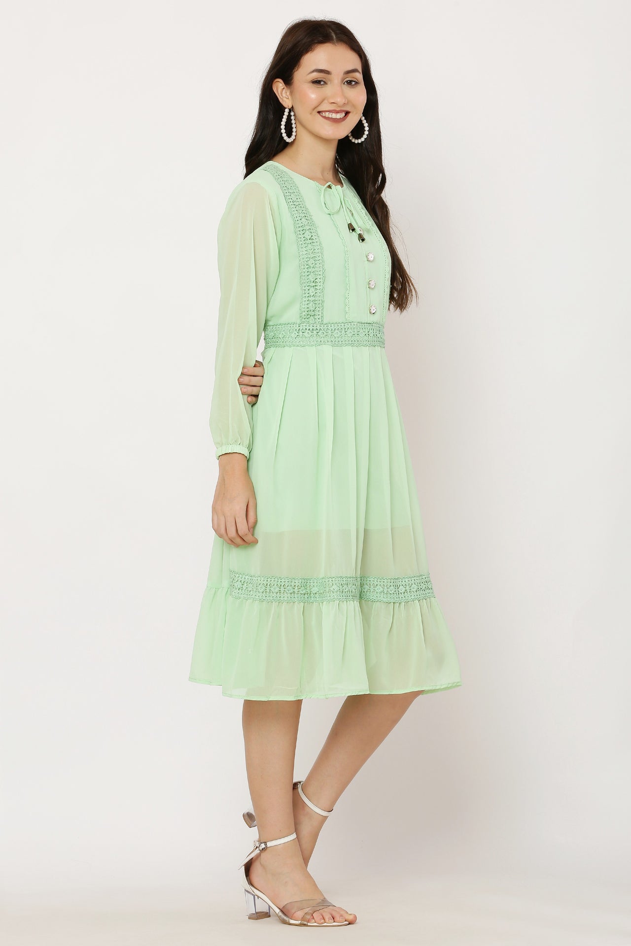 PAVONINE Pista Color Georgette Fabric Lace Inserts Dress For Girls - Distacart