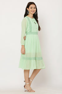 Thumbnail for PAVONINE Pista Color Georgette Fabric Lace Inserts Dress For Girls - Distacart