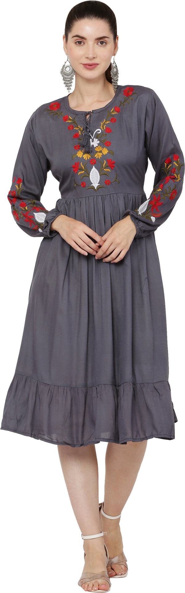 PAVONINE Grey Color Flower Embroidery Dress For Women - Distacart