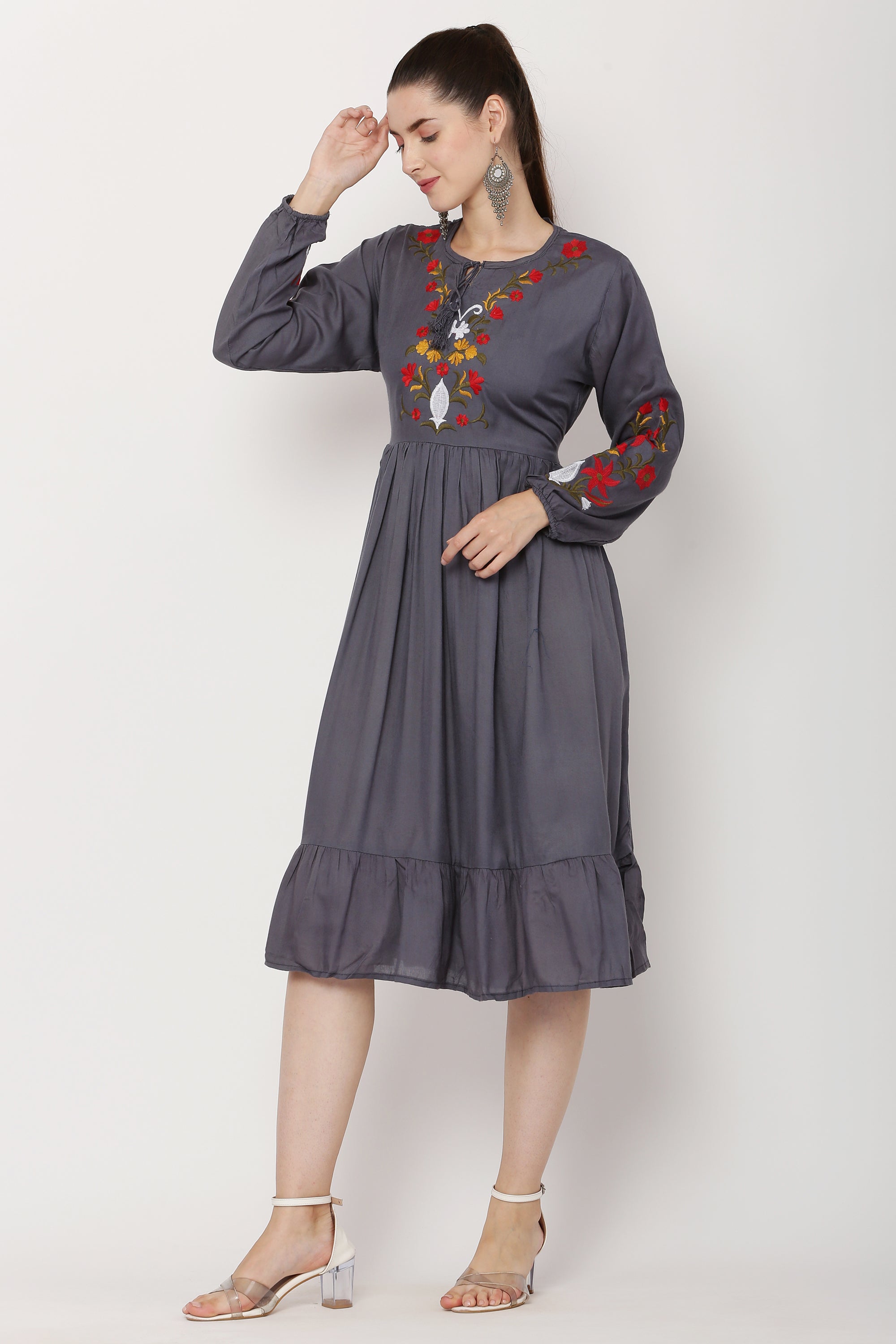 PAVONINE Grey Color Flower Embroidery Dress For Women - Distacart