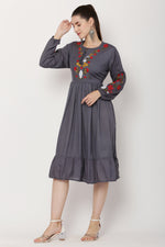 Thumbnail for PAVONINE Grey Color Flower Embroidery Dress For Women - Distacart