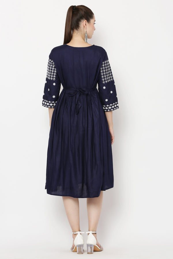 PAVONINE Navy Blue Color Polka Dots Embroidery Dress For Women - Distacart