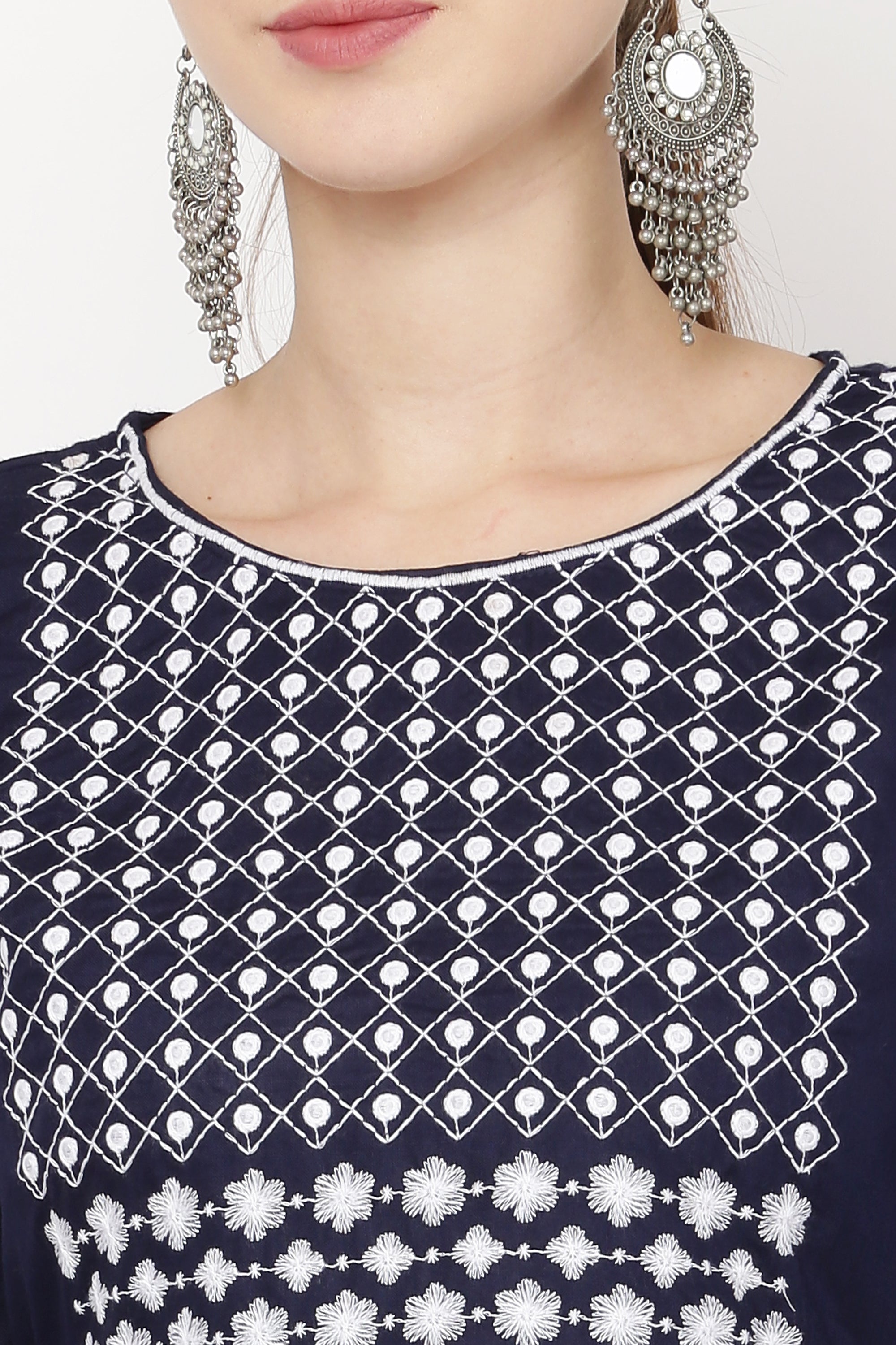 PAVONINE Navy Blue Color Polka Dots Embroidery Dress For Women - Distacart