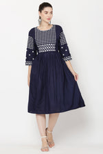 Thumbnail for PAVONINE Navy Blue Color Polka Dots Embroidery Dress For Women - Distacart