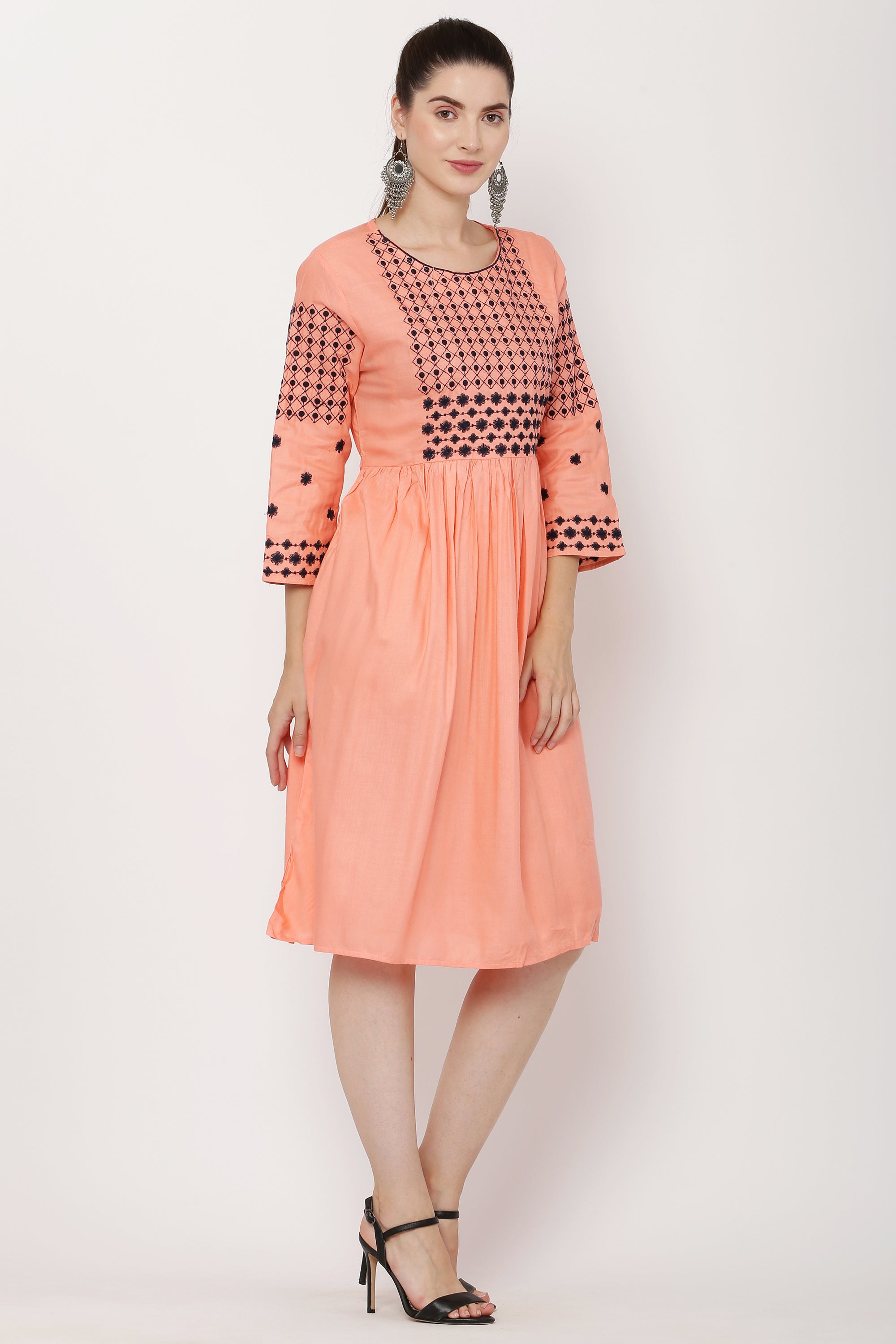 PAVONINE Gajri Color Polka Dots Embroidery Dress For Women - Distacart