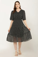 Thumbnail for PAVONINE Micro Dots V-Neck Georgette Fabric Black Dress For Women - Distacart
