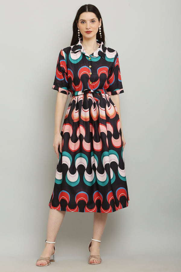 PAVONINE Zig-Zag Multi-Colors Printed Crepe Fabric Black Dress For Women - Distacart