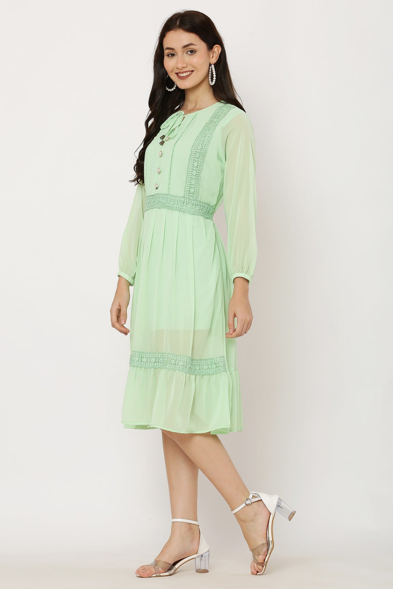 PAVONINE Pista Color Georgette Fabric Lace Inserts Dress For Girls - Distacart
