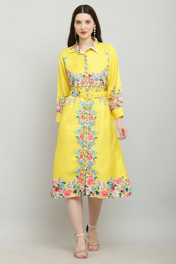 PAVONINE Cat Flower Digital Print Yellow Color A-Line Dress For Women - Distacart