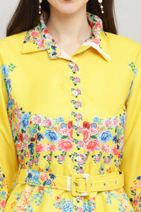 Thumbnail for PAVONINE Cat Flower Digital Print Yellow Color A-Line Dress For Women - Distacart