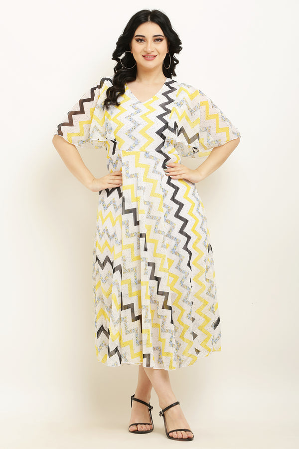 PAVONINE Zig-Zag Printed Georgette Fabric Yellow Dress For Women - Distacart