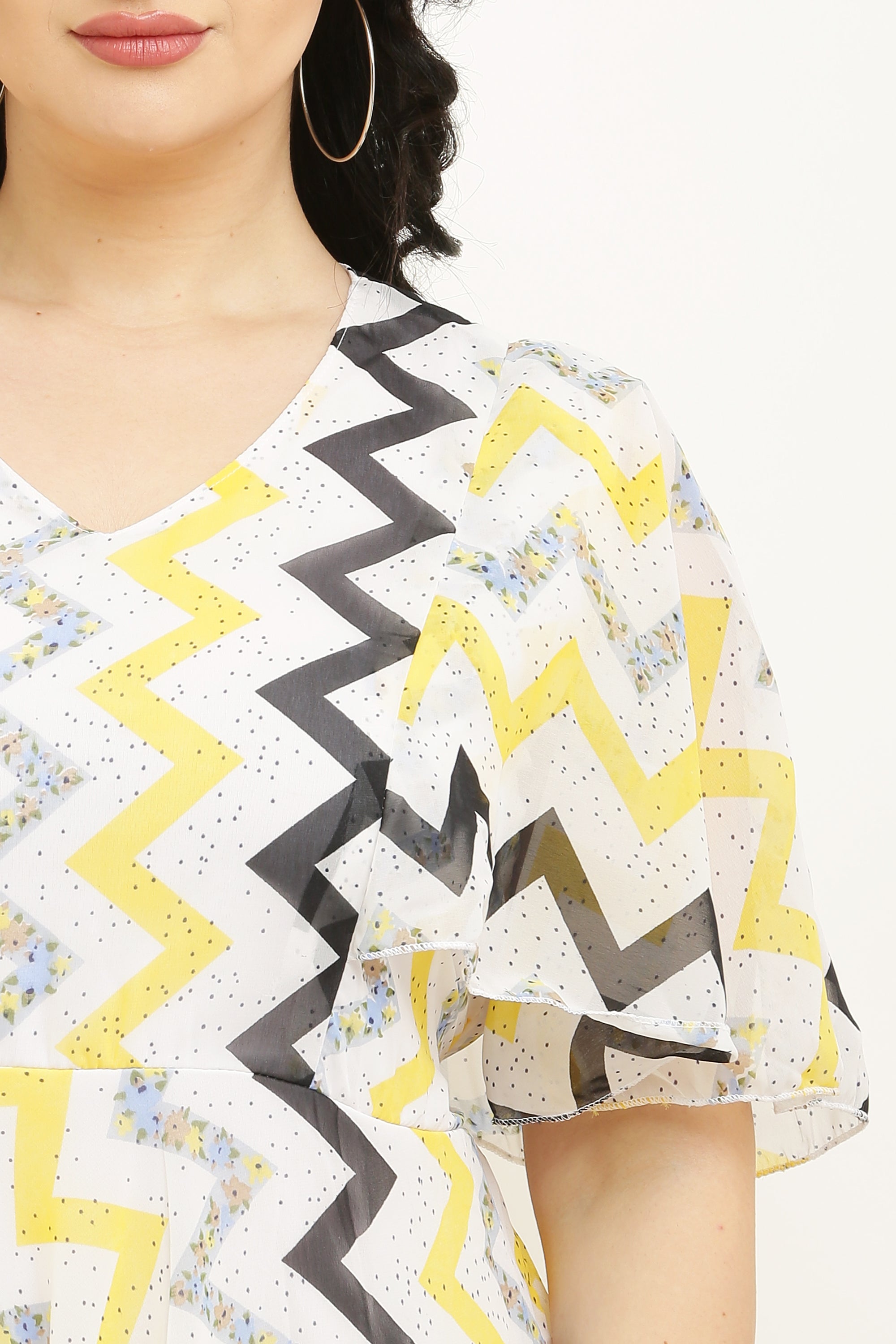 PAVONINE Zig-Zag Printed Georgette Fabric Yellow Dress For Women - Distacart