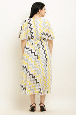 Thumbnail for PAVONINE Zig-Zag Printed Georgette Fabric Yellow Dress For Women - Distacart
