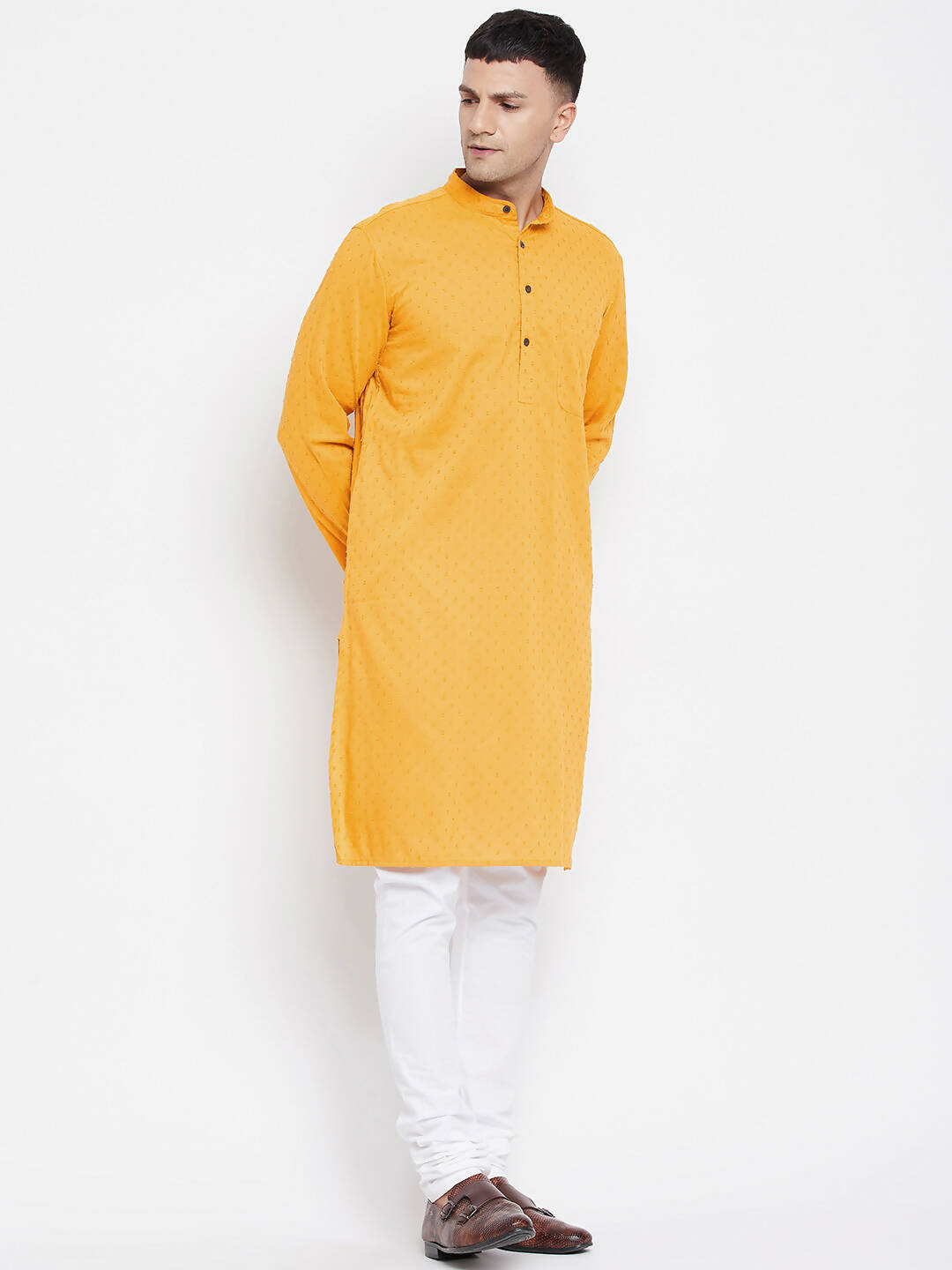 Even Apparels Yellow Color Pure Cotton Men's Kurta With Band Collar - Distacart