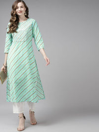 Thumbnail for Yufta Women Sea Green Bandhani Striped Regular Sequined Pure Cotton Kurta with Palazzo