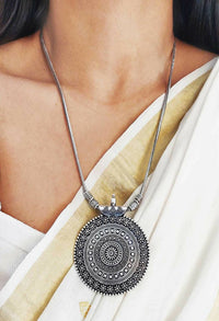 Thumbnail for Mominos Fashion Johar Kamal Oxidised Silver-Plated Long Chain with Pendant & Studs For Women - Distacart