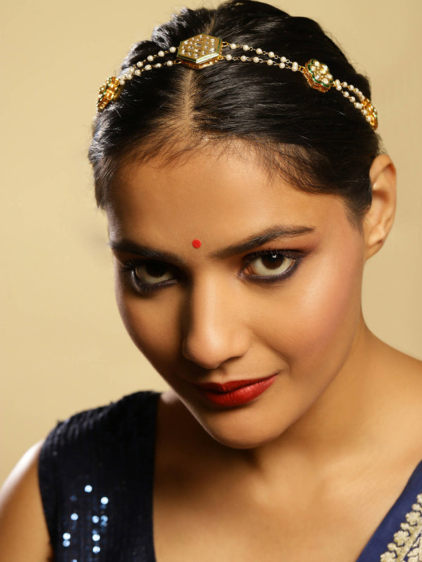Gold-Plated White Kundan-Studded Pearl Beaded Hair Band - Ruby Raang - Distacart