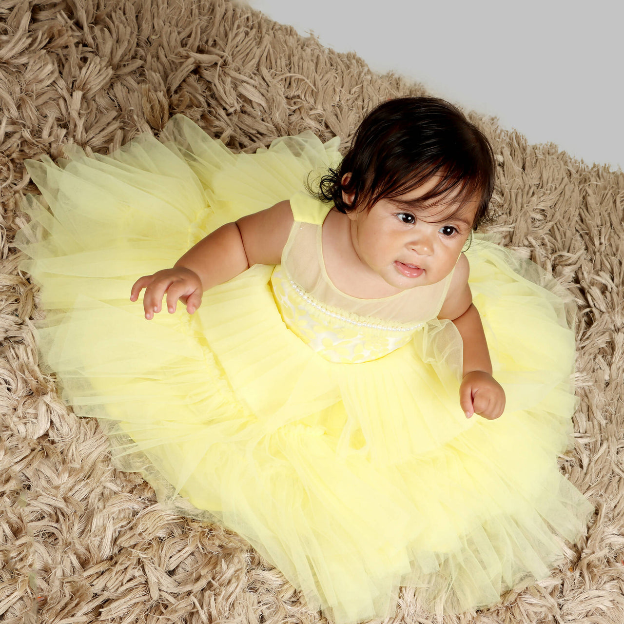 Pink Cow Fashions Yellow Gown With Organza Chest & Net Layer Ghera - Distacart