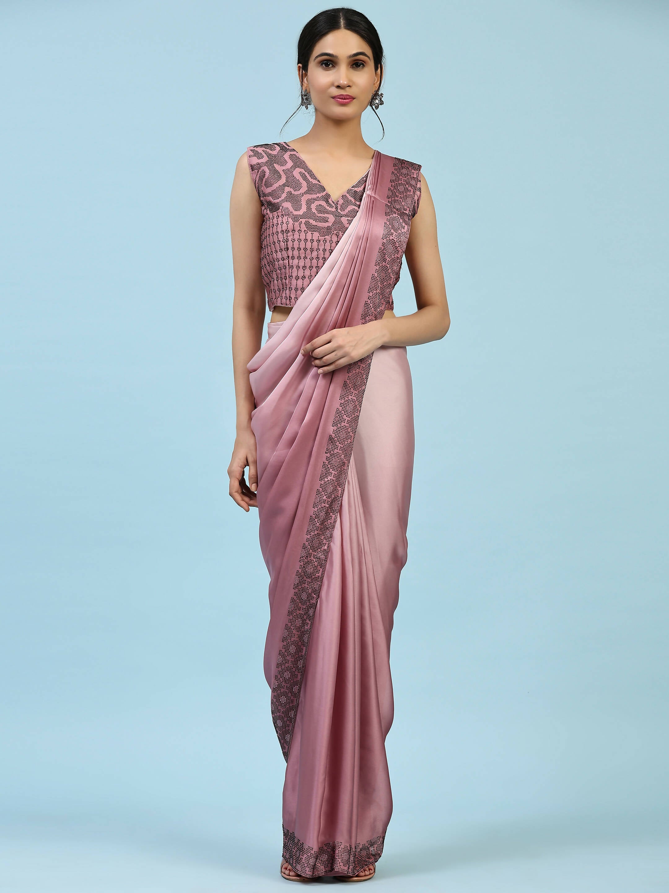 Purple Ombre Satin Georgette Plain Ready to wear Saree with stitched Blouse - Vrinda - Distacart