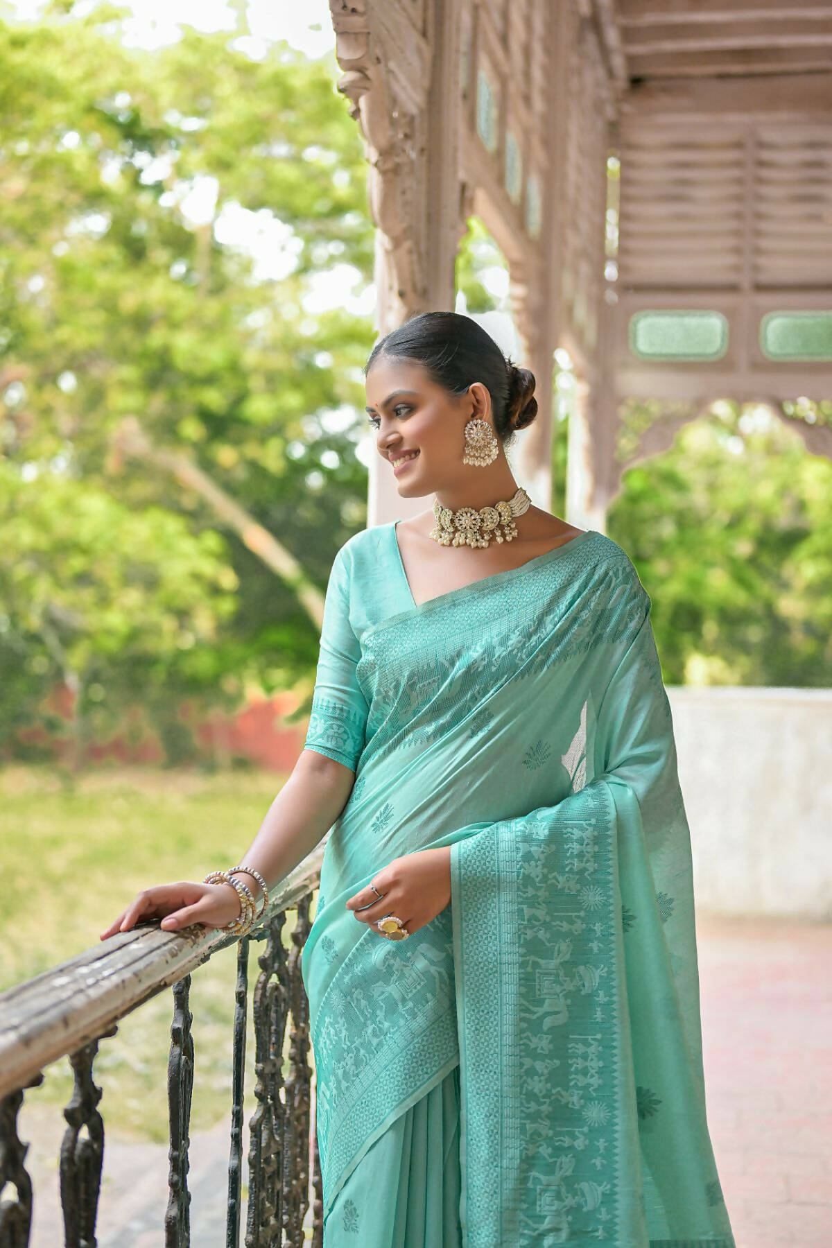 Vishnu Weaves Women's Sea-Green Handloom Raw Silk Woven Border Saree with Blouse - Distacart