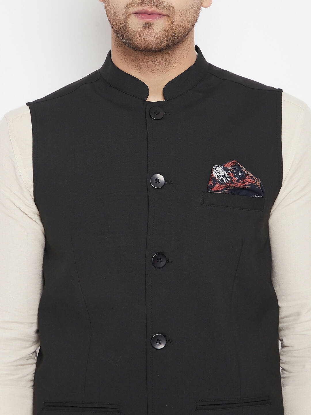 Even Apparels Black Merino Men's Nehru Jacket-Contrast Lining-Inbuilt Pocket Square - Distacart