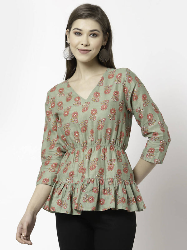 Myshka Printed 3/4 Sleeve V-Neck Casual Pure Cotton Green Top For Women