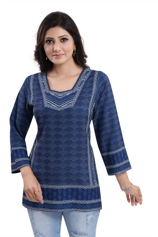 Snehal Creations Indigo Blue Summer Cool Short Kurti Tunic Top