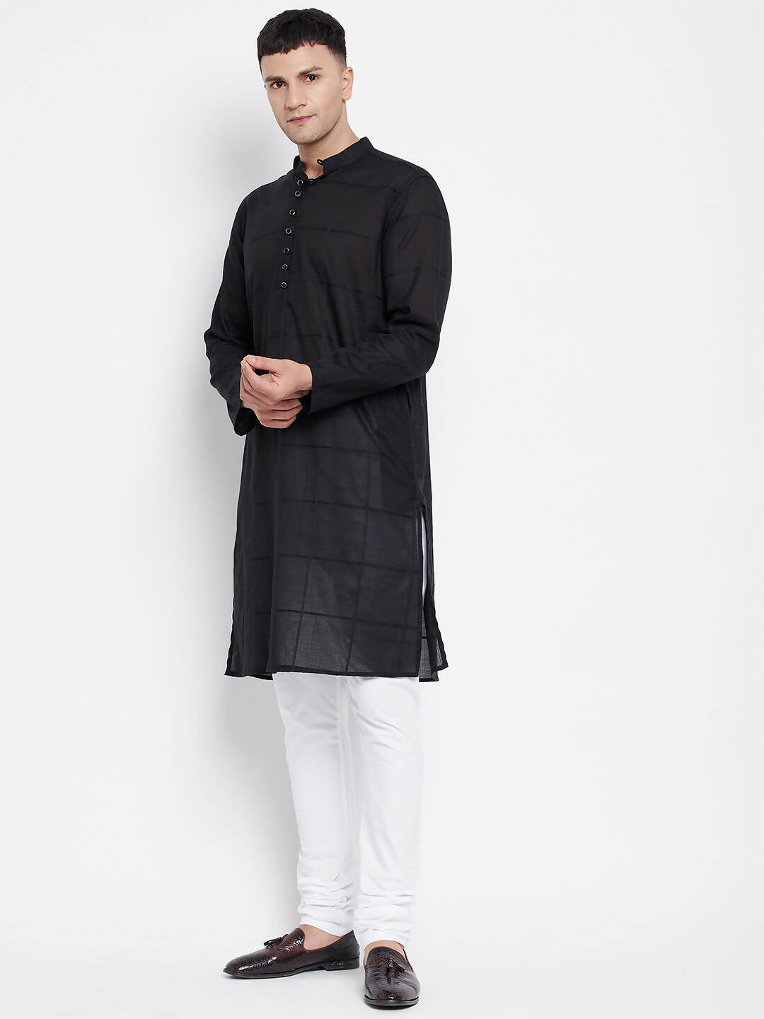 Even Apparels Pure Cotton Men's Kurta in Black Color With Band Collar - Distacart